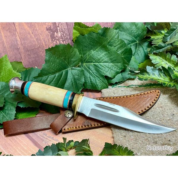 Couteau de Chasse Rando Rite Edge Silver Day Lame Acier Inox Manche Os/Turquoise Etui Cuir