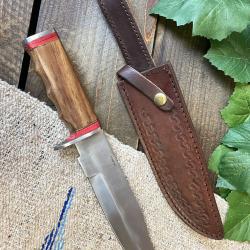 Couteau de Chasse Bowie | Lame Clip Point Acier Carbone 1055 | Manche Bois & &Eacute;tui Cuir