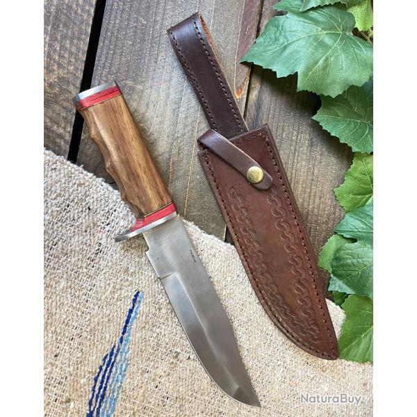 Couteau de Chasse Bowie | Lame Clip Point Acier Carbone 1055 | Manche Bois & �tui Cuir