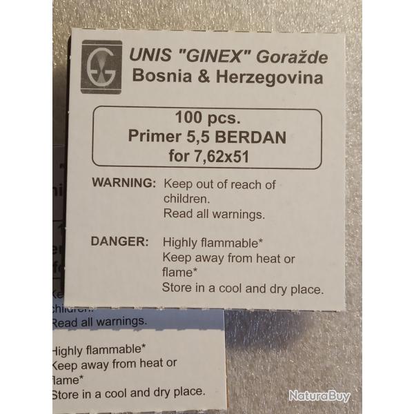 Amorces berdan Large Rifle 5,5mm Ginex �quivalent au RWS 5620