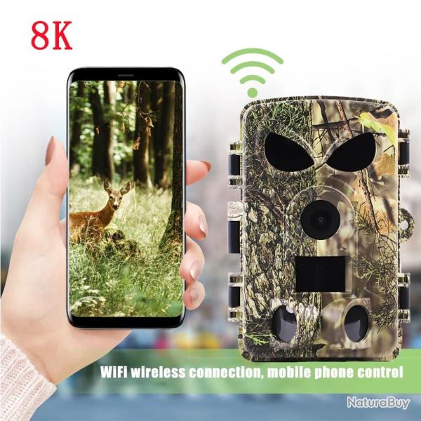 Mini Cam�ra de Chasse WiFi 60MP 8K PIR Vision Nocturne 20m IP65 Pi�ge Photo Faune Surveillance 64Go
