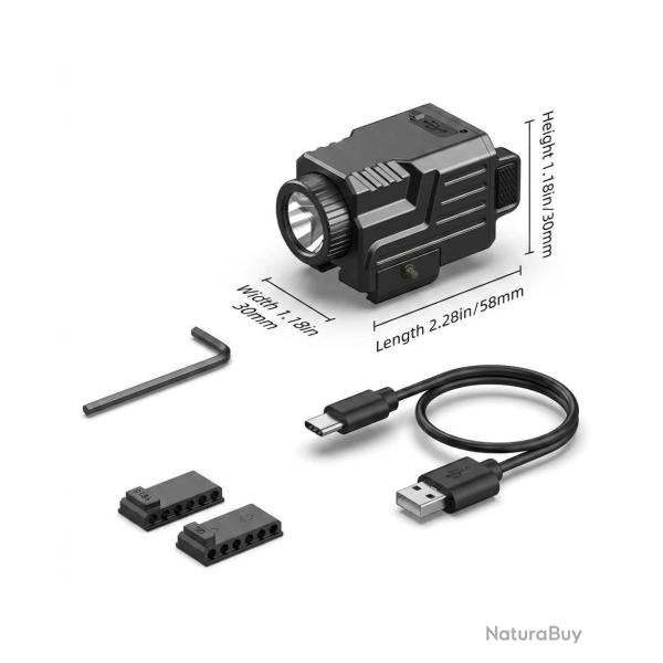 Lampe Arme Poing Puissante Rail 21 mm Batterie Int�gr�e Mode Stroboscope Noir