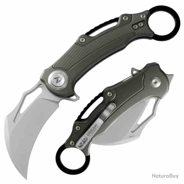 Couteau Karambit Dreamtech Gray Lame Acier 14C28N Manche Alu Gris Button Lock DTK4221AG