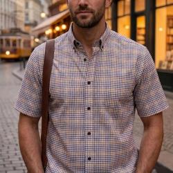 CHALLENGER CH4027 Chemise manches courtes : l'&eacute;l&eacute;gance du pur coton &agrave; carreaux respirant 39/40