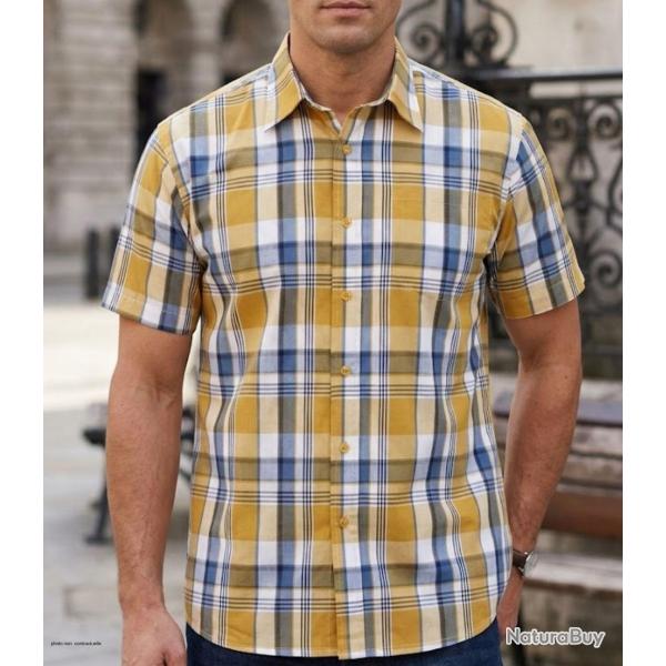 Chemise manches courtes Fils Teints : le charme du jaune et gris alli� � un repassage facile 39/40