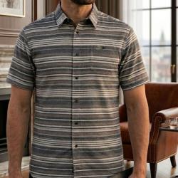 Chemise manches courtes en coton textur&eacute; Rayures horizontales Beige Gris