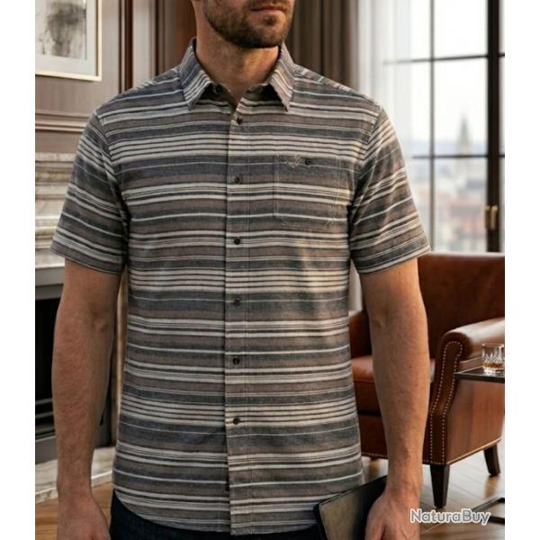 Chemise manches courtes en coton textur� Rayures horizontales Beige Gris