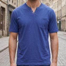 CHALLENGER TEE3020A Tee shirt col boutons bleu marine authenticit&eacute; du coton flamm&eacute;