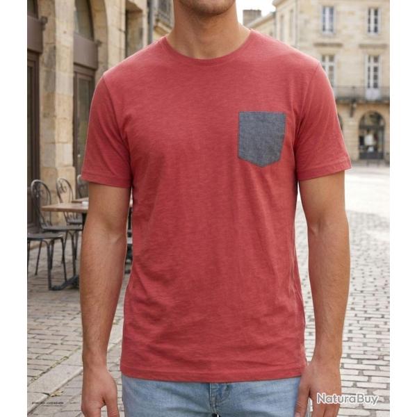CHALLENGER TEE3022A Tee shirt col rond rouge l alliance du coton flamm� et du chambray