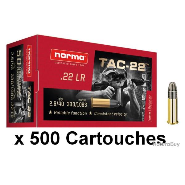 Cartouches Norma 22LR 2.6G/40GR TAC-22 LRN Boite de 500