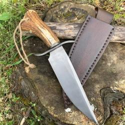 couteau bowie d'artisan " old west " bois de cerf / lame acier carbone D2