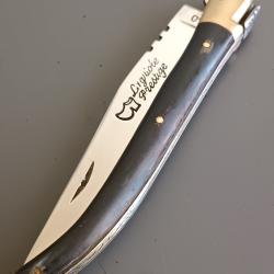 ANCIEN COUTEAU LAGUIOLE PRESTIGE, LE SABOT, THIERS, manche corne, guilloch&eacute;.