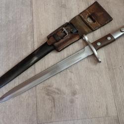 901460 Baionnette Suisse pour fusil Rubin Schmidt Mdle K11 ou K31. Mdle 1918. Porte fourreau en cuir