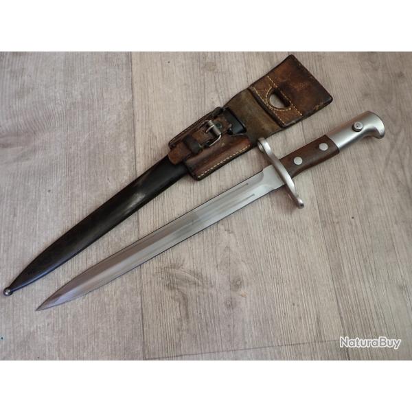 901460 Baionnette Suisse pour fusil Rubin Schmidt Mdle K11 ou K31. Mdle 1918. Porte fourreau en cuir