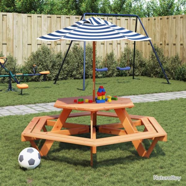 Table de pique-nique pour 6 enfants avec parasol hexagone sapin
