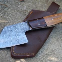 Couteau d'Esquimau Inuit Ulu/Hachoir Lame Acier Damas 256 Couches Manche 2Bois Etui Cuir Artisan 01