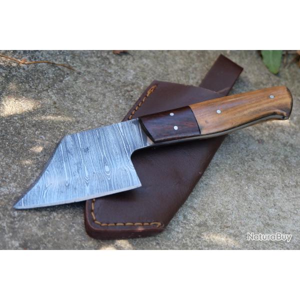 Couteau d'Esquimau Inuit Ulu/Hachoir Lame Acier Damas 256 Couches Manche 2Bois Etui Cuir Artisan 01