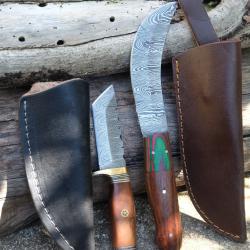 Lot de 2 Couteau Skinner+ Scimitar Lame Acier Damas 256 Couches Manche Bois Etui Cuir Fabric Artisan