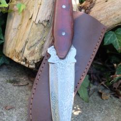 Couteau Dague Scottish Dirk Lame Fa&ccedil;on Damas Manche Bois Etui Cuir Fabric Artisanale