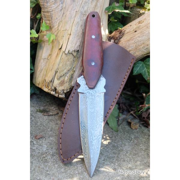 Couteau Dague Scottish Dirk Lame Fa�on Damas Manche Bois Etui Cuir Fabric Artisanale