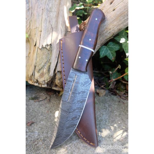 Bowie Couteau de Chasse Damas Lame 256 Couches Manche Bois Fabric Artisanale Etui Cuir