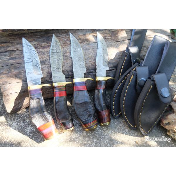 LOT DE 4 Couteau Skinner Damas Lame 256 Couches Manche Blonde de B�lier Fab Artisanale Etui Cuir