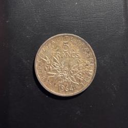 Une pi&egrave;ce de 5 Francs 1964 Semeuse