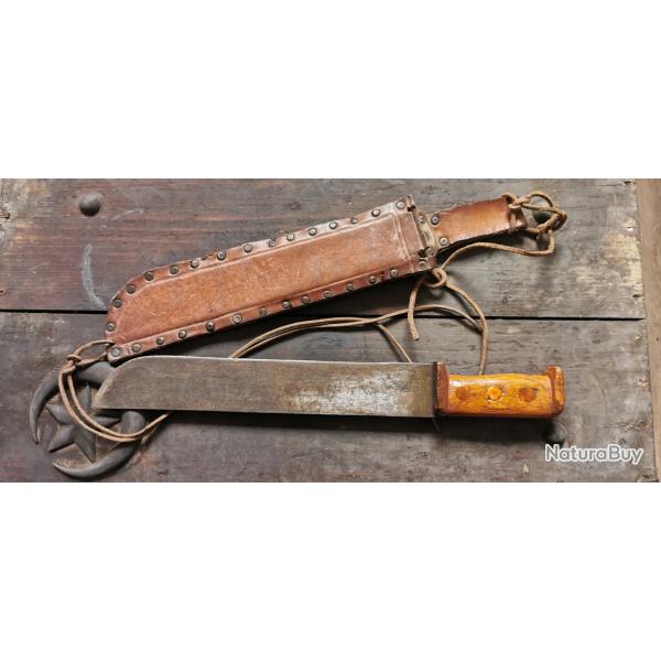Machette ancienne 37cm avec fourreau cuir coupe coupe collection