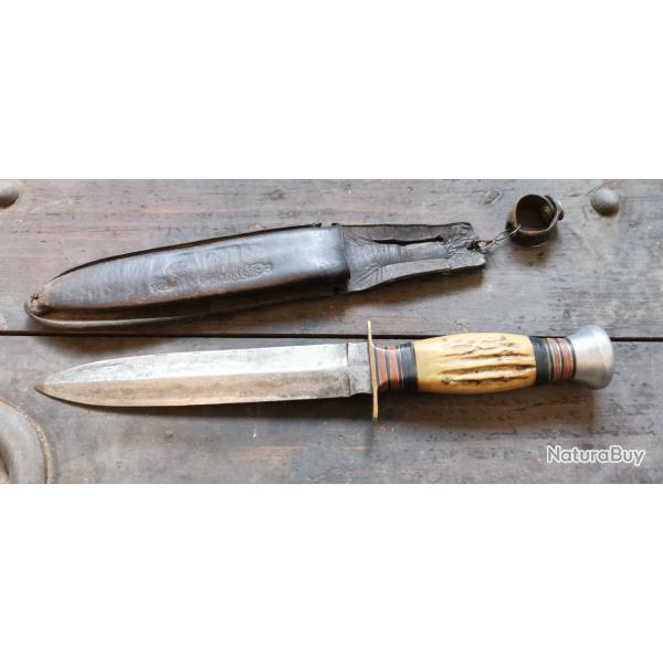 Ancienne dague de chasse British britannique 34cm avec fourreau manche corne