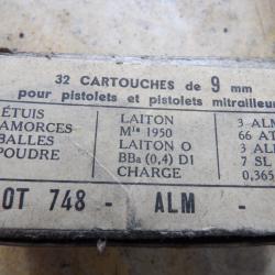 boite 32 9mm neutralis&eacute;es 1959 guerre Alg&eacute;rie PA50 MAT49 pleine non homog&egrave;ne para parachutiste AFN