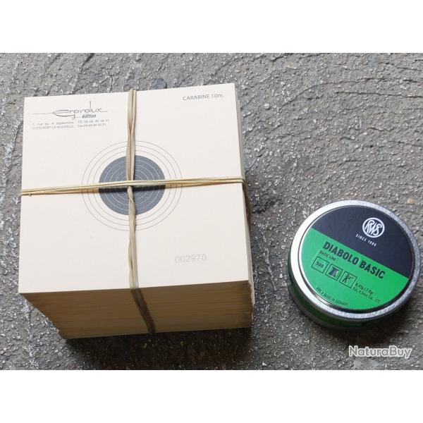 Lot cibles 10 m carabine + 1 boite de plombs neuf.