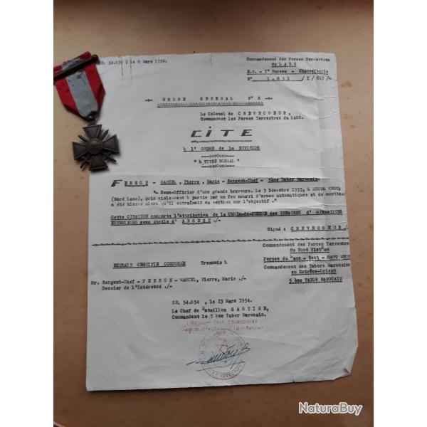 CITATION ORDRE DE LA DIVISION PERIODE INDOCHINE+ medaille nord laos collection histoire bravoure