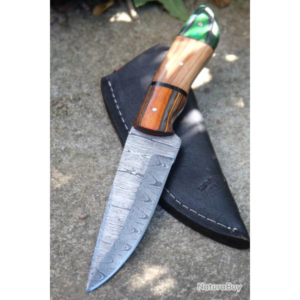 Couteau Skinner Lame Acier Damas 256 Couches Manche 3 Bois Etui Simili Cuir Fab Artisanale