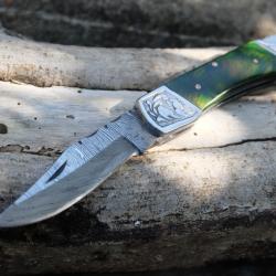 Couteau Lame Damas 128 Couches Style Buck 112 Manche Green Fabr Artisanale S&eacute;curit&eacute; Lockback