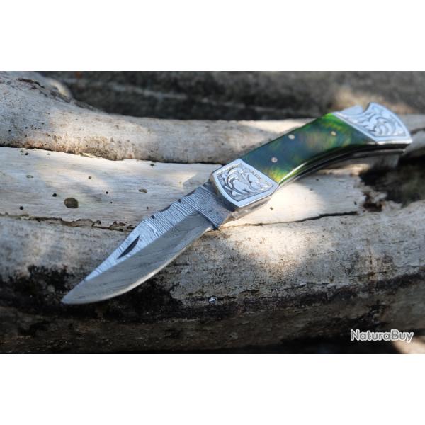 Couteau Lame Damas 128 Couches Style Buck 112 Manche Green Fabr Artisanale S�curit� Lockback