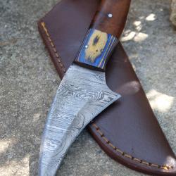 Skinner Couteau Damas Lame Griffe 256 Couches Manche 2 Bois Fabric Artisanale Etui Cuir