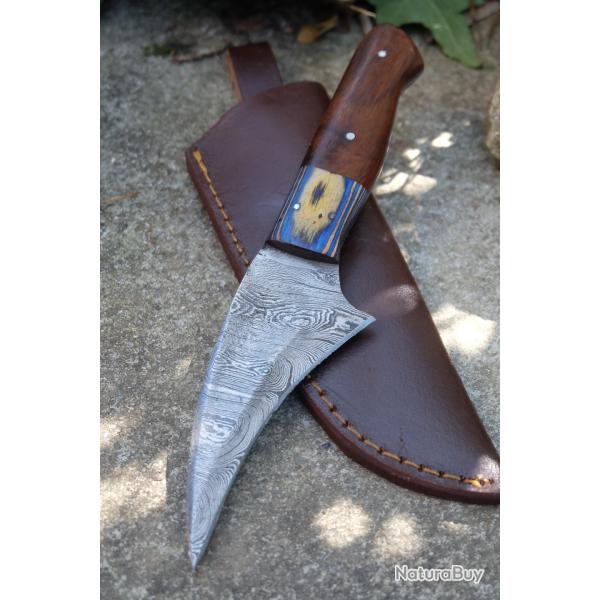 Skinner Couteau Damas Lame Griffe 256 Couches Manche 2 Bois Fabric Artisanale Etui Cuir