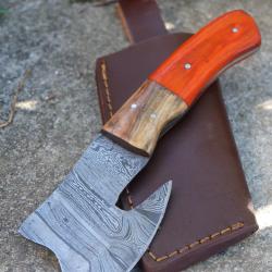 Couteau d'Esquimau Inuit Ulu/Hachoir Lame Acier Damas 256 Couches Manche 2Bois Etui Cuir F Artisanat