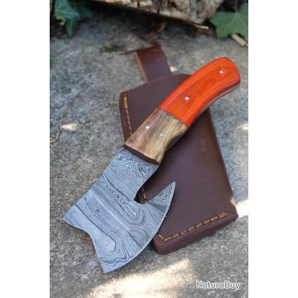 Couteau d'Esquimau Inuit Ulu/Hachoir Lame Acier Damas 256 Couches Manche 2Bois Etui Cuir F Artisanat