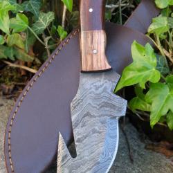 GROS Couteau Skinner D&eacute;coupe Damas Lame Acier 256 Couches Manche 2 Bois Etui Cuir Fabr Artisanale
