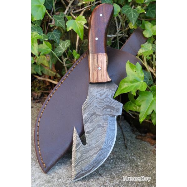 GROS Couteau Skinner D�coupe Damas Lame Acier 256 Couches Manche 2 Bois Etui Cuir Fabr Artisanale