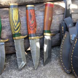 LOT DE 4 Couteau Skinner Damas Lame 256 Couches Manche Bois Fab Artisanale Etui Simili Cuir