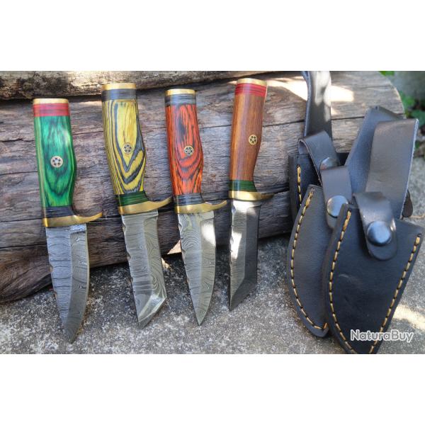 LOT DE 4 Couteau Skinner Damas Lame 256 Couches Manche Bois Fab Artisanale Etui Simili Cuir