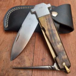 Gros et Solide Couteau BOULEDOGUE Chasseur 2 Pi&eacute;ces Manche en Corne avec &Eacute;tui en cuir