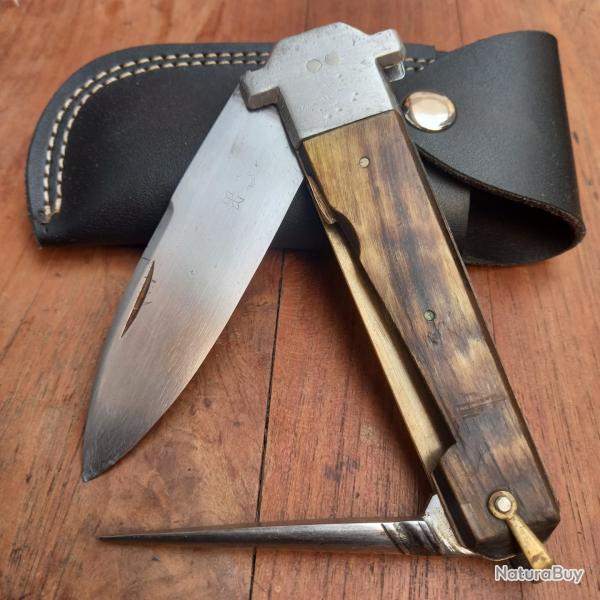 Gros et Solide Couteau BOULEDOGUE Chasseur 2 Pi�ces Manche en Corne avec �tui en cuir