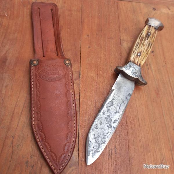 Solide Couteau de Chasse FORG� LES 2 DIABLES avec �tui en cuir Manche en Bois de Cerf