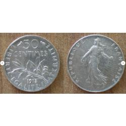 France 50 Centimes 1913 Piece Argent Semeuse Centime