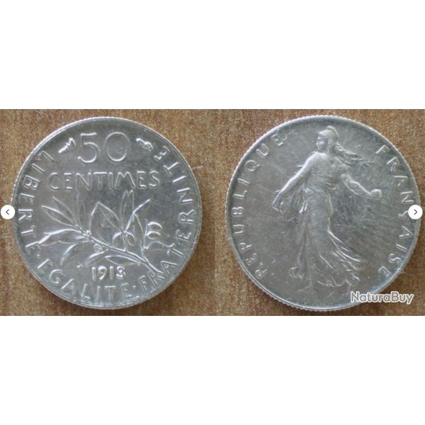France 50 Centimes 1913 Piece Argent Semeuse Centime