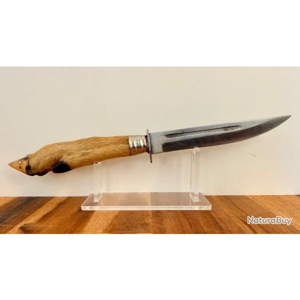 Couteau fixe artisanal manche patte de chevreuil / cervid� avec �tui cuir