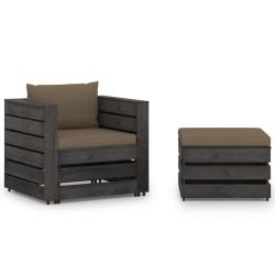 Salon de jardin 2 pcs avec coussins Bois impr&eacute;gn&eacute; de gris